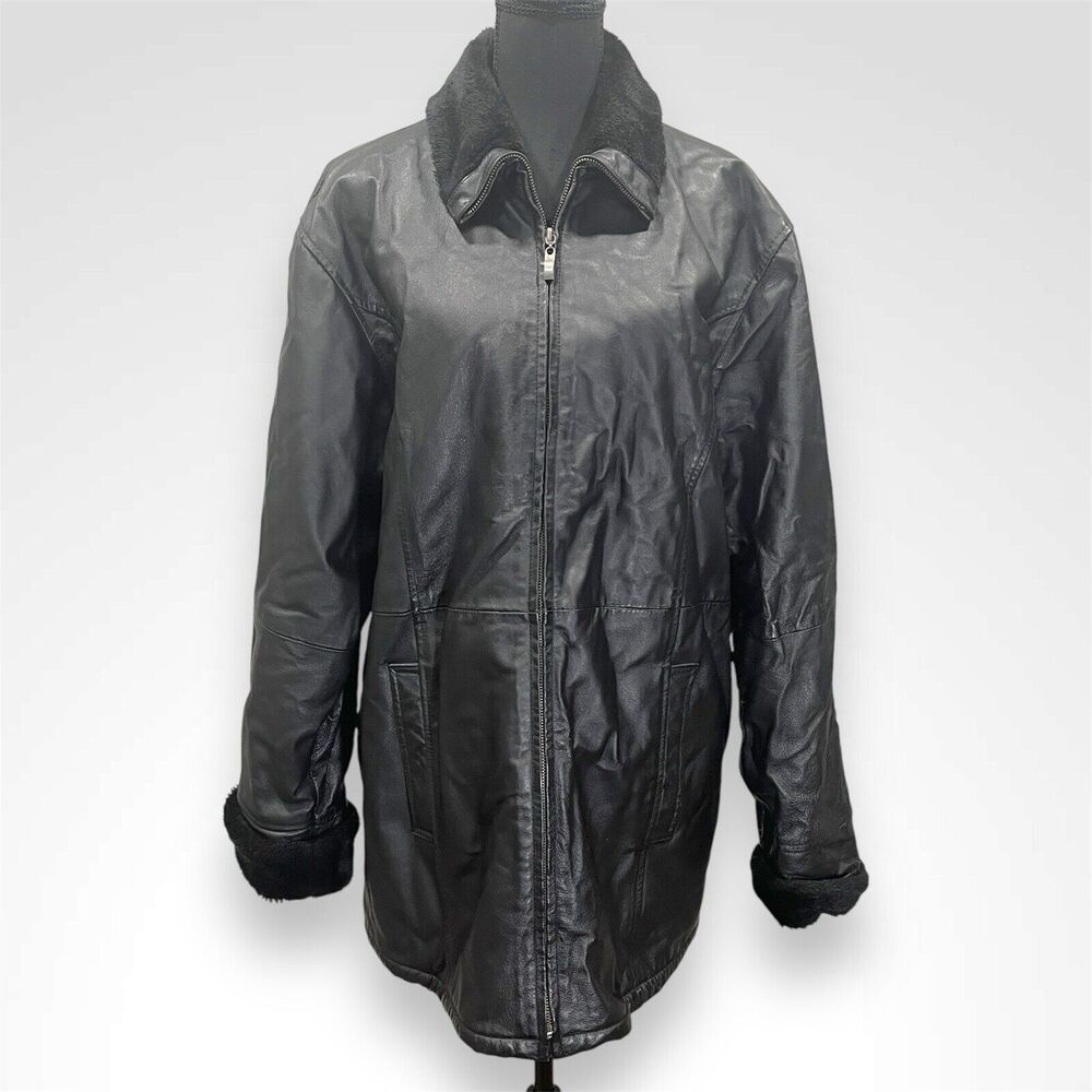 The Connection New York Genuine Leather Jacket Black Faux Fur Lined Size Medium